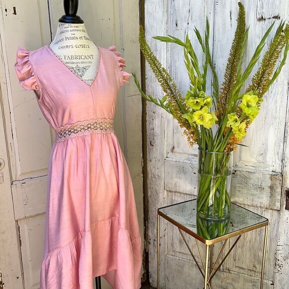 DUSKY PINK HI-LOW SLEEVELESS RUFFLE SUMMER DRESS BNWT Size S M L - Picture 1 of 8